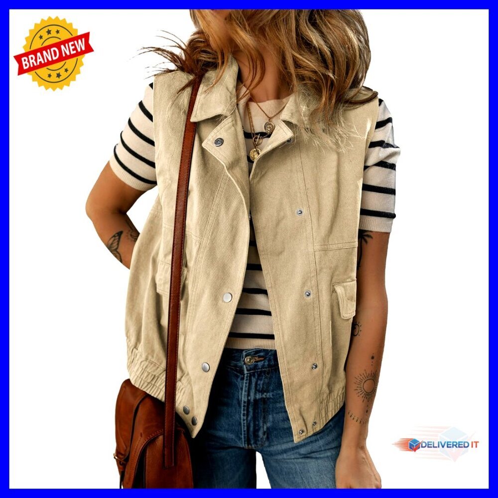 Cotton Sleeveless Vest Boxy Fit Lapel Collar Button Front Side Pockets